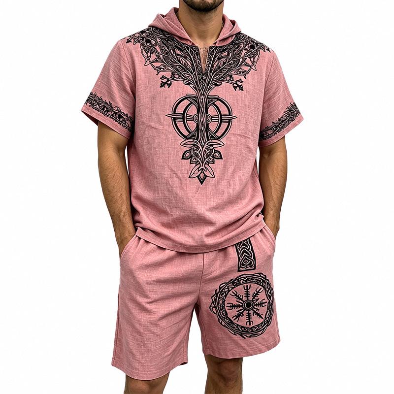 Men's European and American Casual Breathable Bamboo-Linen Hooded Shorts Set