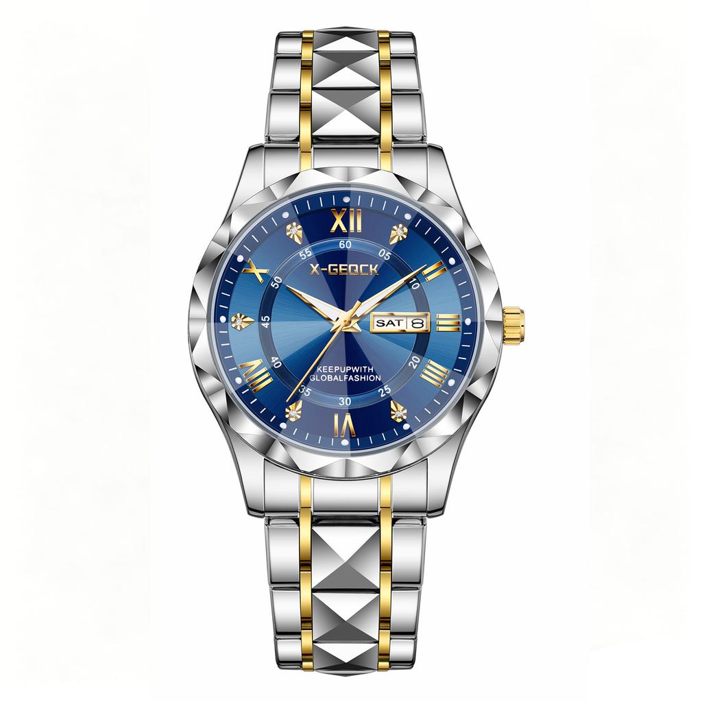 Men'S Business Fashion Round Dial Stainless Steel Quartz Luminous Watch Men'S Rhombus Glass Decorative Trend Watch