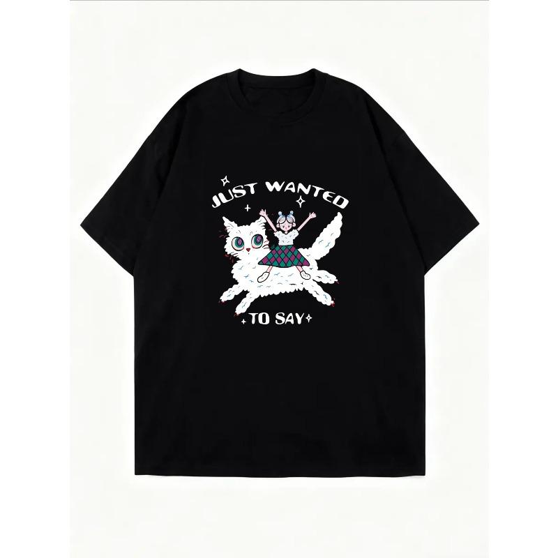 Weißes T-Shirt mit Kawaii-Katzen- und Textdesign für Freizeitkleidung