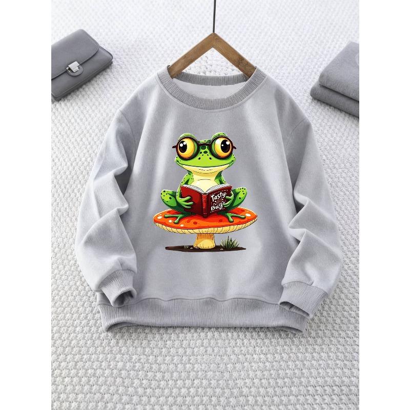 Girls' Crew Neck Sweatshirt | Glasses Frog Reading On Mushroom Pattern, Casual Style, Perfect for Fall/Winter