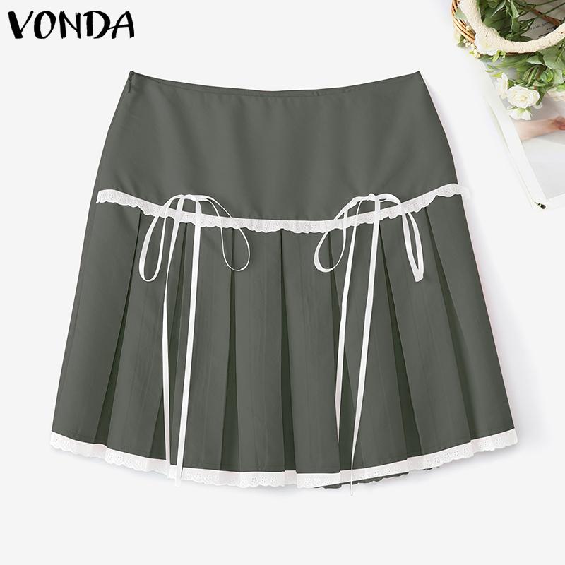 VONDA Женские мини-юбки с молнией, бантом на талии, однотонные, плиссированные S серый