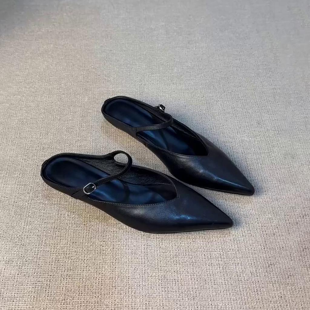 Lan Cabinet Edition~ New pointed-toed thick-soled bag head half slippers French retro one-word buckle strap fashionable light-mouth Muller shoes