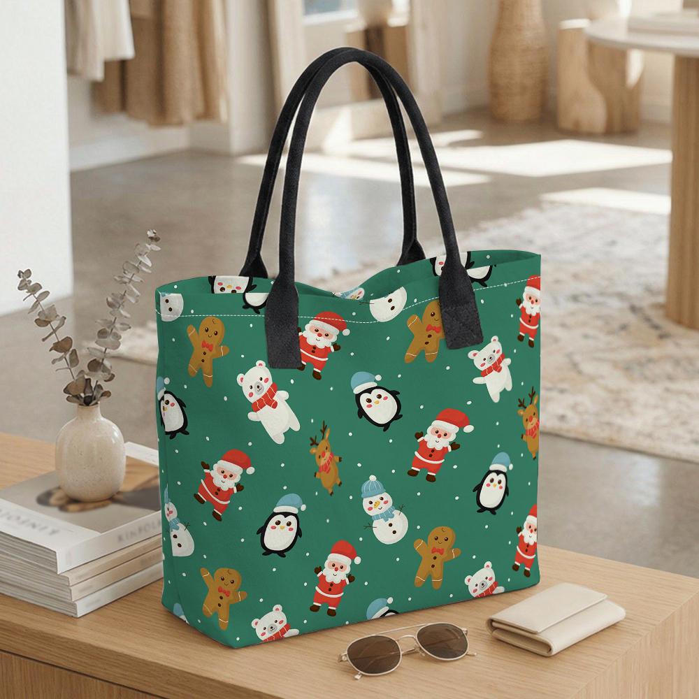  Christmas Print Canvas Tote Bag Cute Holiday Portable Shopping Handbag