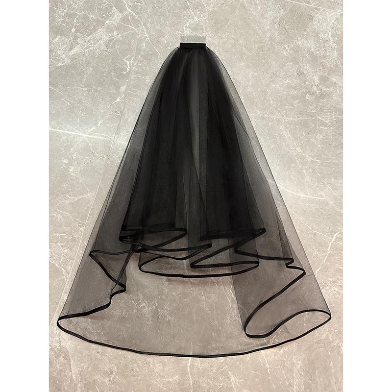 Vintage-Style Black Veil Halloween Headpiece: Short Double-Layered Tulle Ribbon with Hair Comb