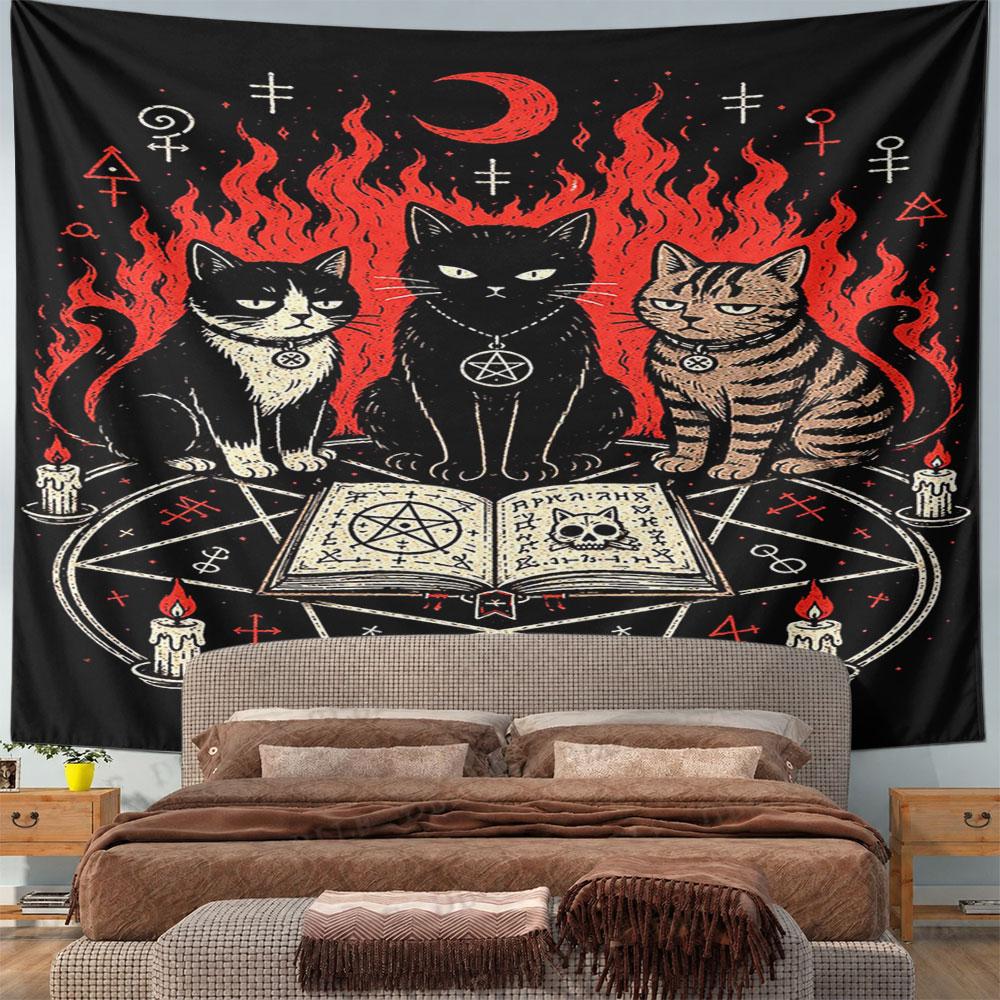 "Witchy Cats with Pentagrams & Flames" Pattern Wall Hanging Tapestry Decorative Tapestry Home Decor for Bedroom and Living Room