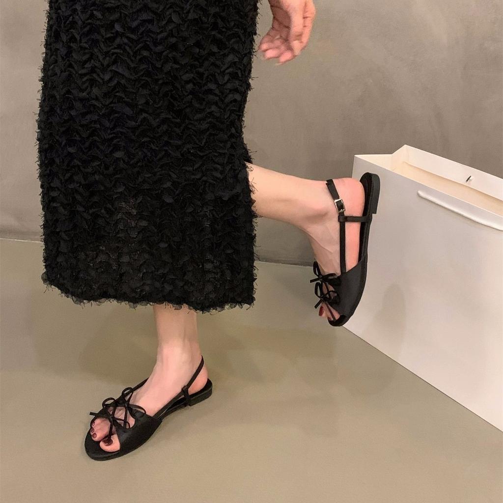 Niche Bow Sandals Fairy Shoes Summer with Skirt Temperament Vacation Satin Shoes