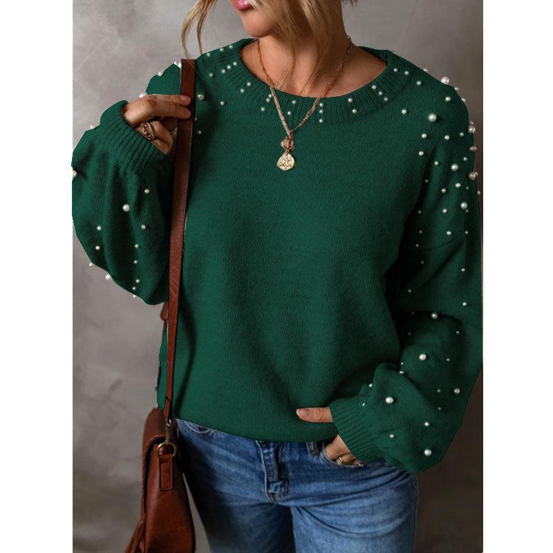 Suéter Oversize de Punto con Cuello Redondo y Manga Larga para Mujer, Top Pulóver de Punto con Perlas