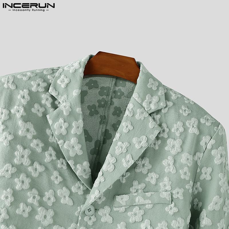 INCERUN Men Lapel Neck Long Sleeve One Button Flowers Texture Cropped Blazer Coats