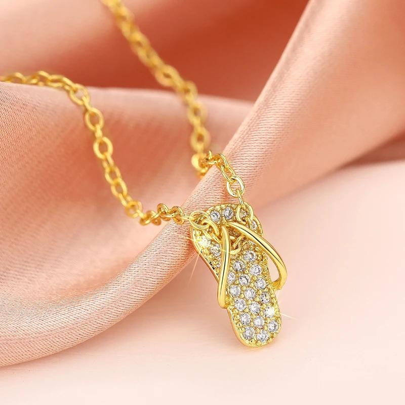 Huitan Chic Flip Flops Shaped Pendant Necklace for Women Bling Crystal CZ Funny Summer Girls Neck Accessories Statement Jewelry