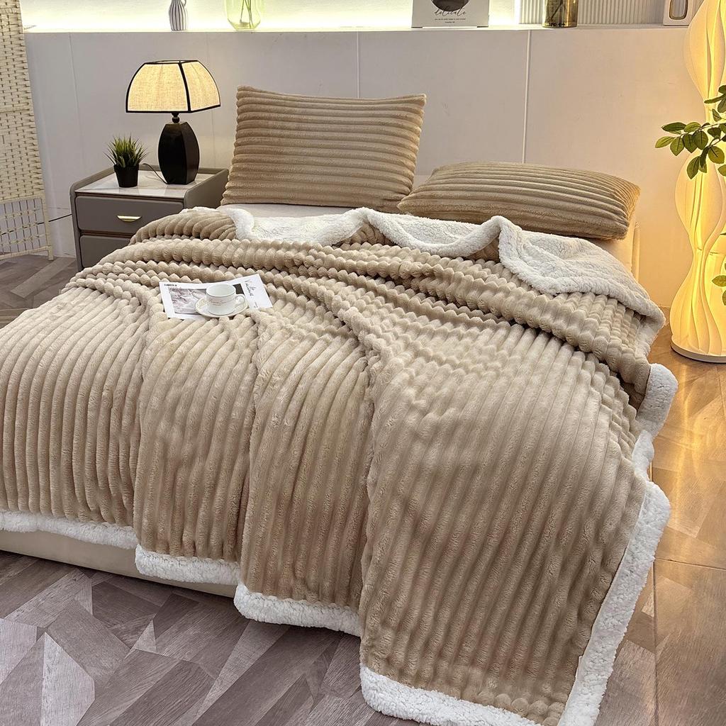 Striped Imitation Rabbit Fur Plush Blanket with Lambswool - Double Layer for Home and Dorm