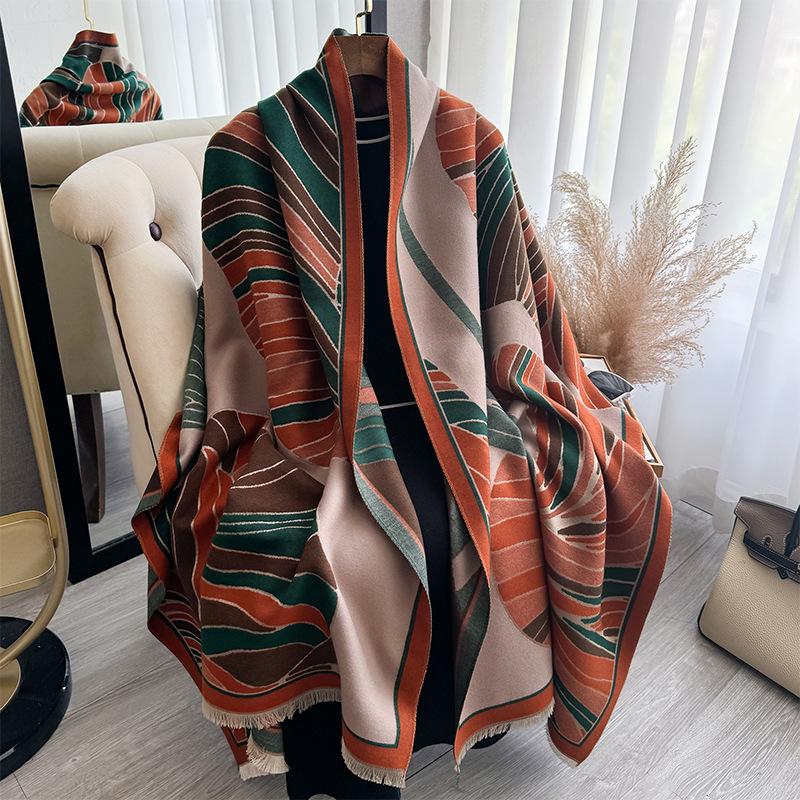 Imitation Cashmere Thermal Scarf Abstract Flower Contrasting Color Double-sided High-end Shawl Women