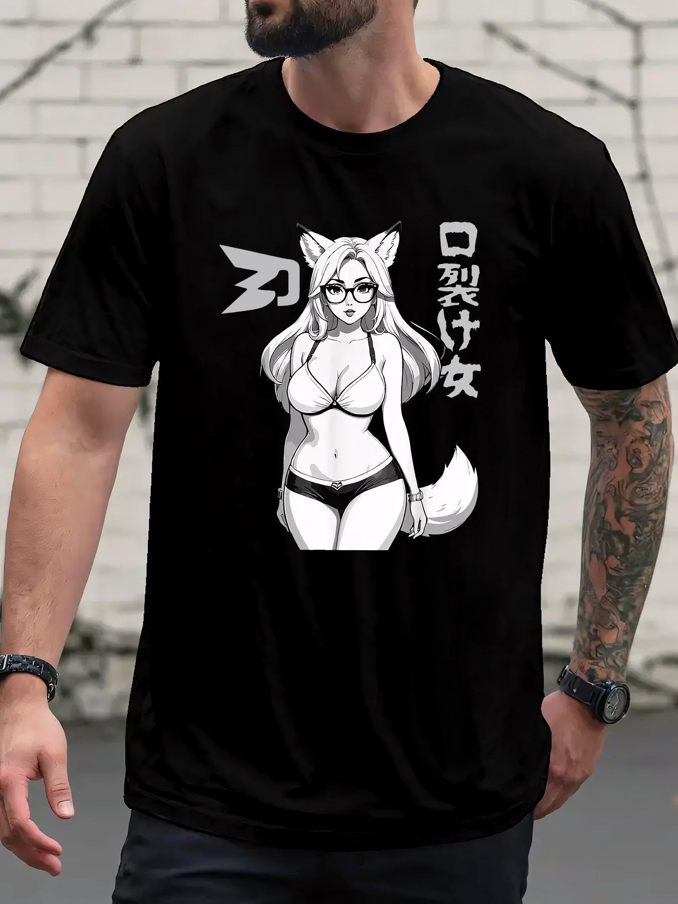 Casual Short Sleeve Tshirt with Fox-Eared Girl Black and ... L
