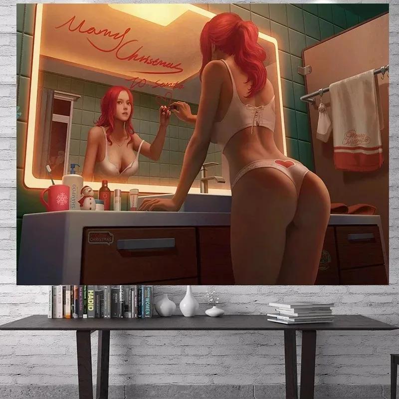 Wandteppich mit Comic-Dienstmädchen, für Büro, Wohnzimmer, Zuhause, Wanddekoration, Wandteppich