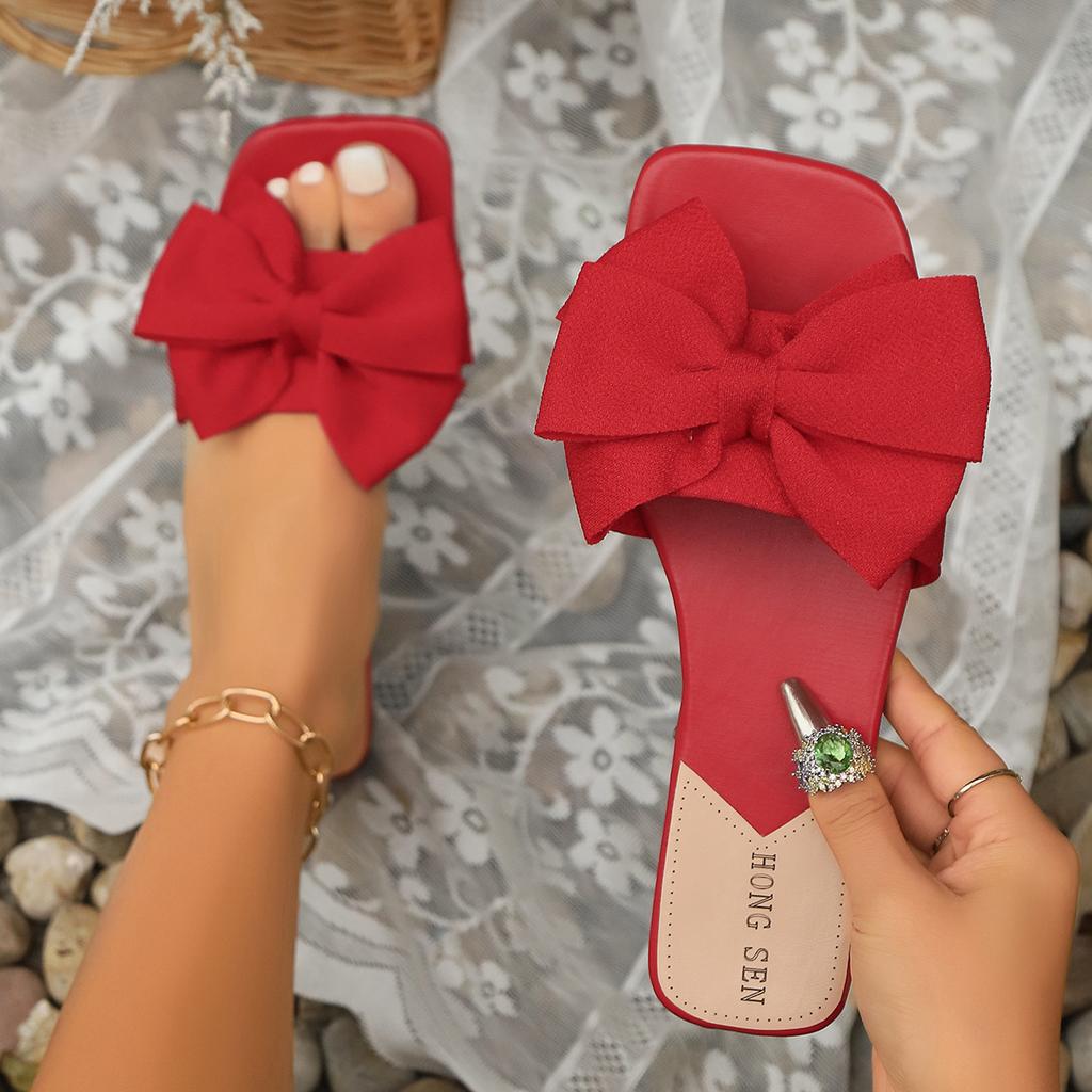 Fashion Women's Flat Slippers 2025 Summer Leisure Outdoor Square Sandals Plus Size Selling Fashion Bow Decorative Open Toe Slippers.