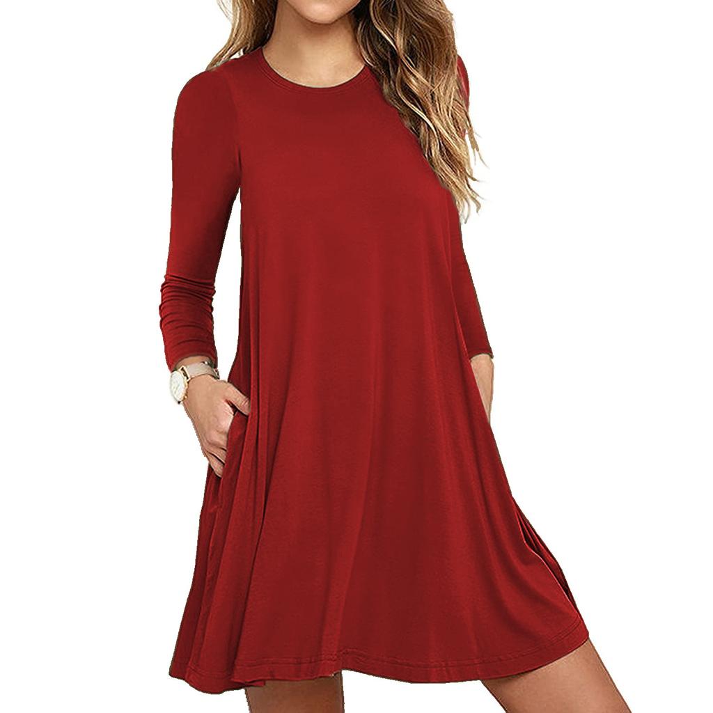 Women's Round Neck Long Sleeve A-Line Dress High Waist Casual Swing Dress with Pockets