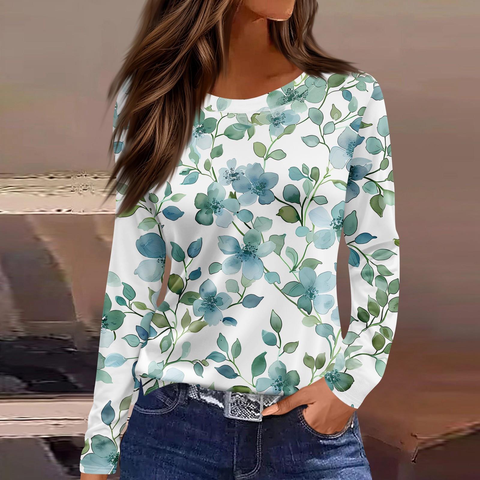 

Жіноча модна повсякденна футболка з розрізом і круглим вирізом з довгим рукавом і принтом. M