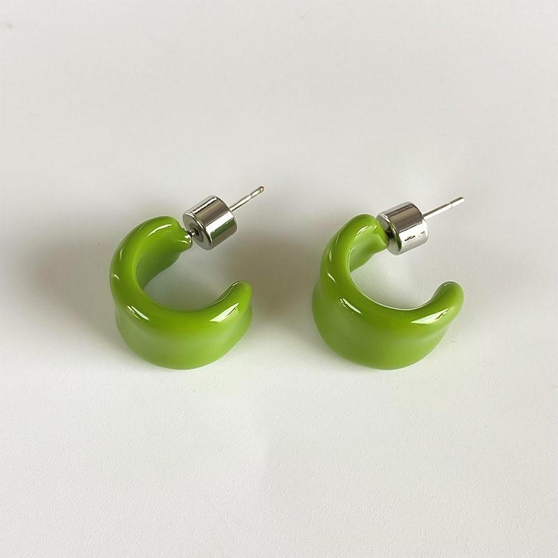 

Enamel Small C Hoop Earrings, 925 Silver Posts, Multi-Color Minimalist Design зелений