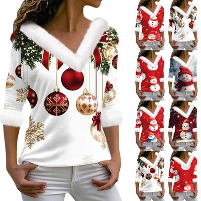 Women's T Shirt Tee Christmas Shirt Long Sleeve Party Christmas Print Fleece Collar V Neck Top