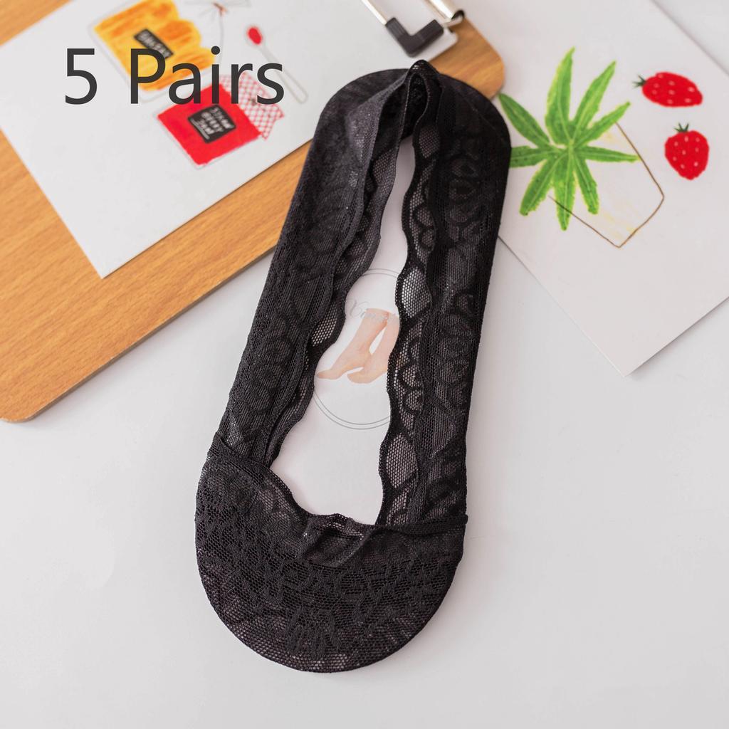 5 Pairs Lace Boat Socks Women Shallow Mouth Summer Thin Silicone Non-slip Breathable with Invisible Socks