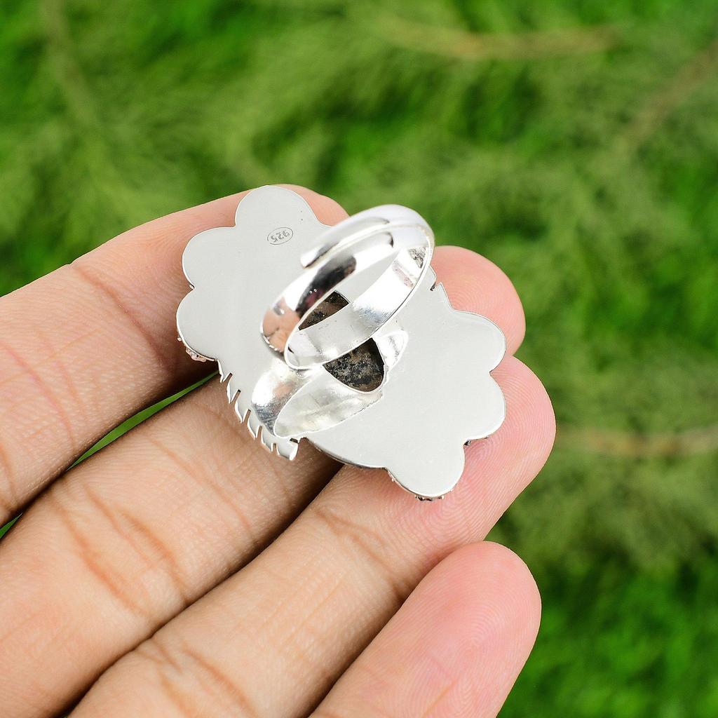 Natural Honey Dendrite Opal 925 Silver Flower Adjustable Ring For Women