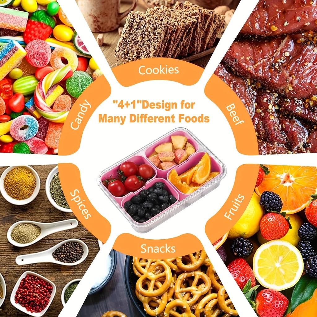 Snackle Box Container Lid with 4 Compartment with Lid Portable Divided Serving Tray for Parties Sweets Vegetables Biscuits Nuts