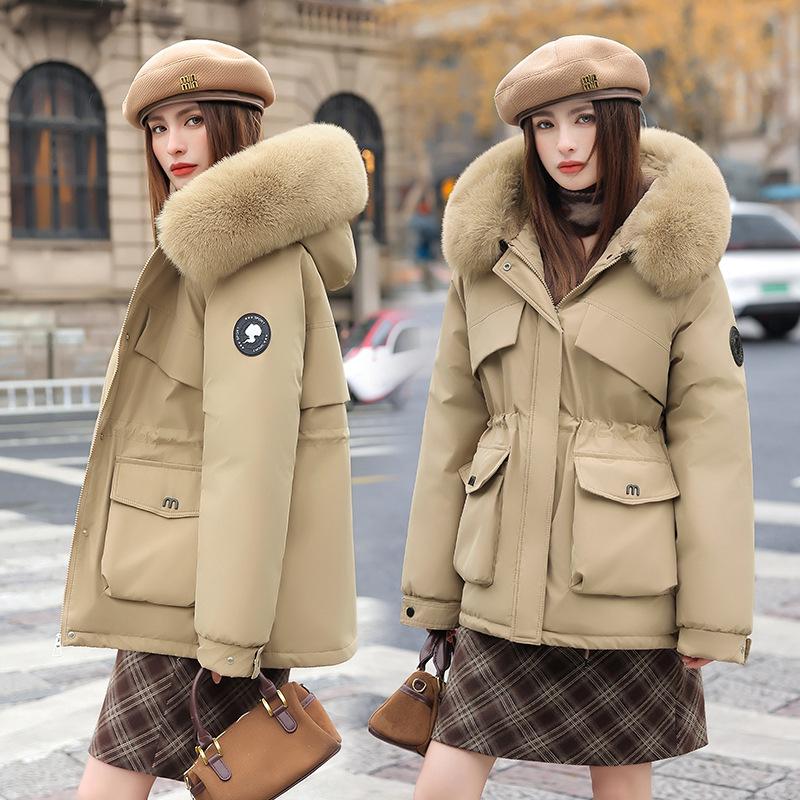 Pie Overcomes Women's Winter 2025 New Skinny Down Cotton Clothing Fashion Plush Thick Hair Collar Integrated Jacket