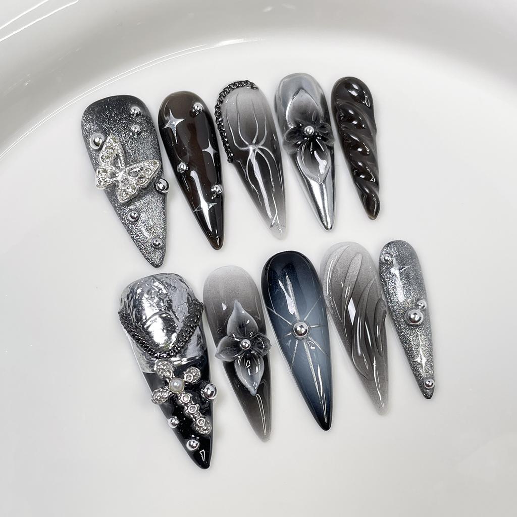 10 Pcs Black Stiletto Handmade Press On Nails Spicy Girl Wearable Fake Nails Stick On False Nail Tips