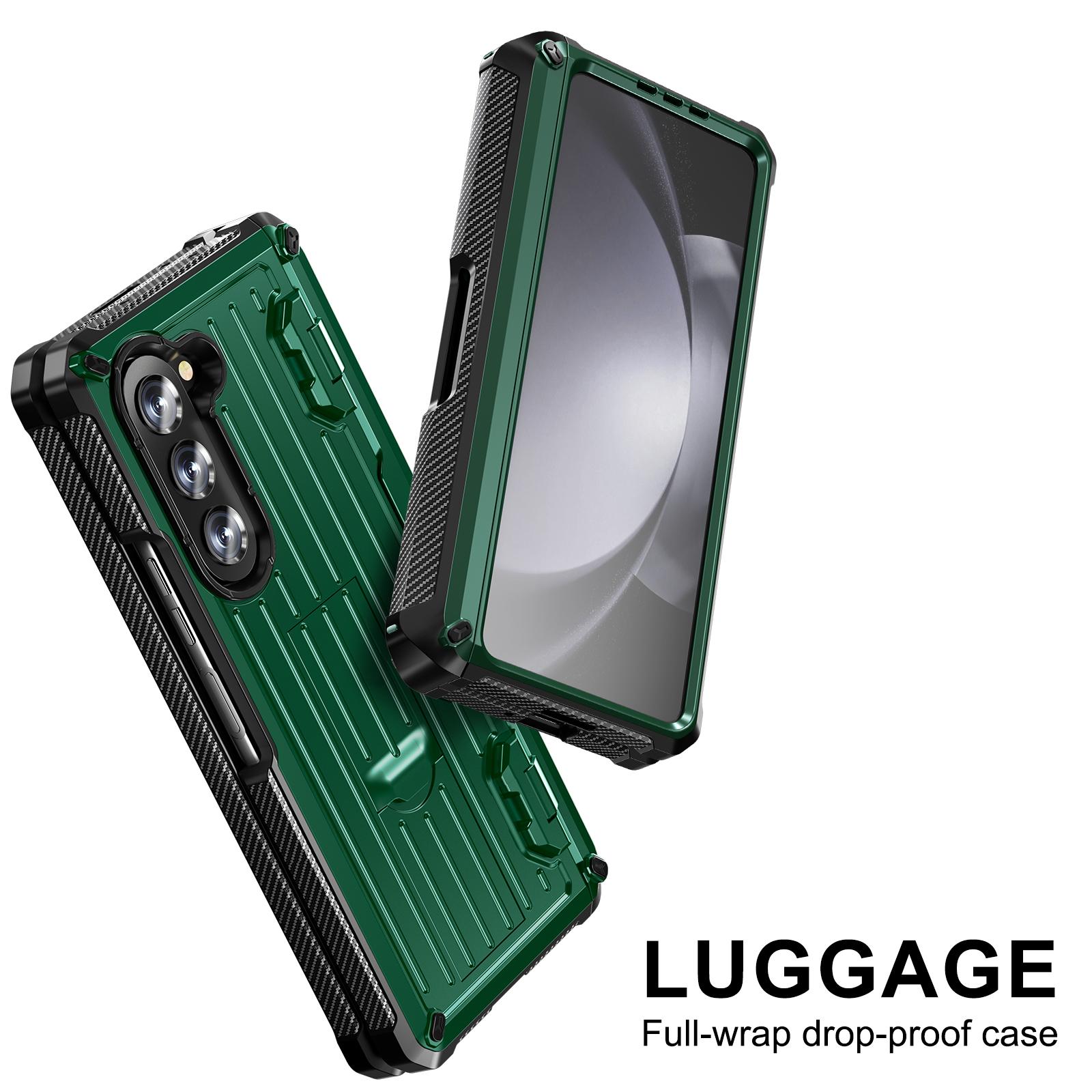 

For Samsung Galaxy Z Fold5 5G Pen Holder Hinge Protection Folding Case PC+TPU Kickstand Phone Cover with PET Screen Protector Army Green