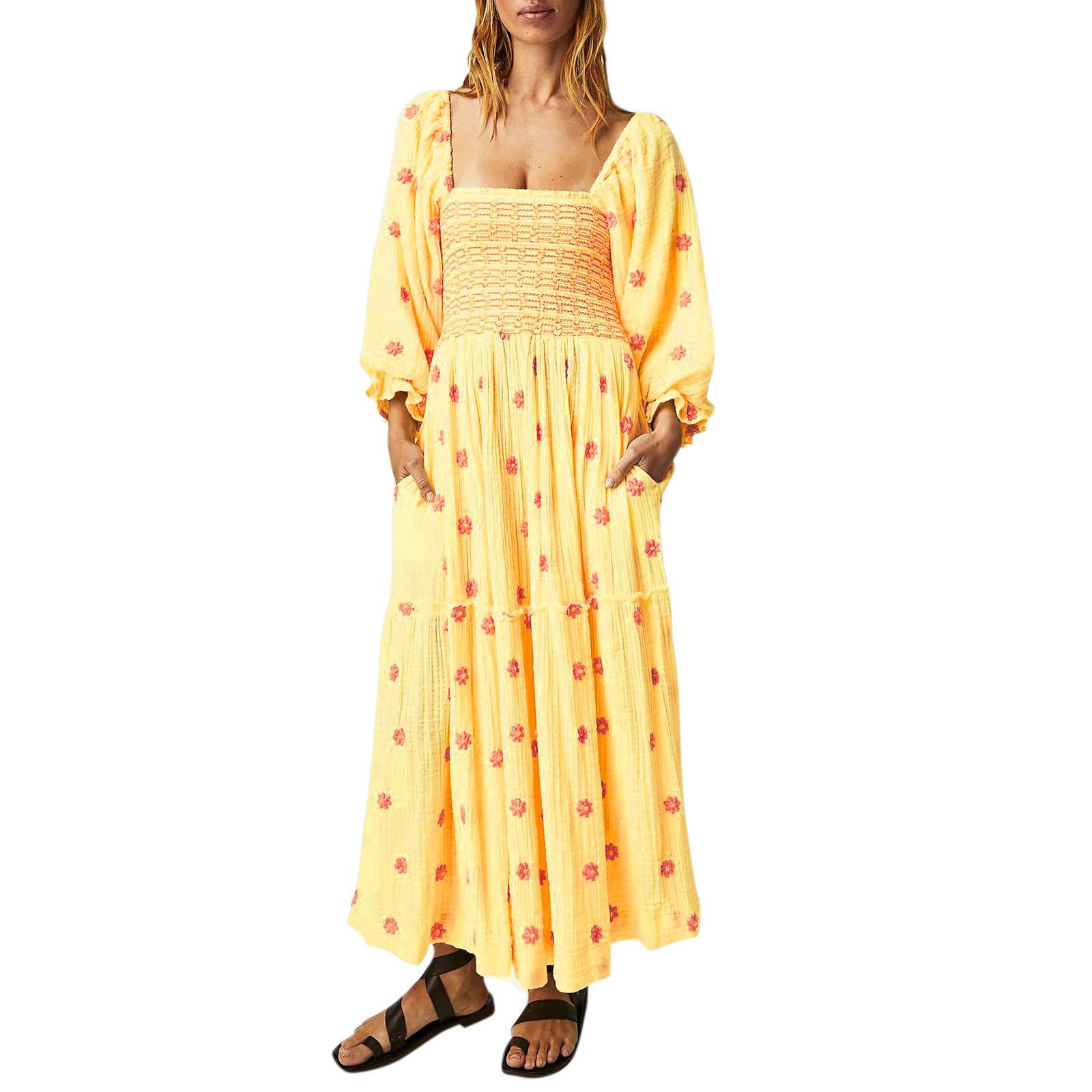 

Осеннее женское повседневное платье с квадратным воротником и роговыми рукавами, длинная юбка, повседневные и летние макси-платья для женщин M жёлтый