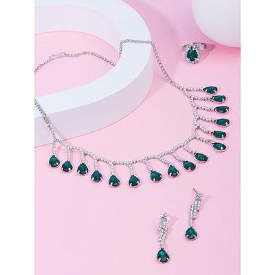 ZAVERI PEARLS Green Dazzling Diamonds Contemporary Necklace Earring & Ring Set For Women
