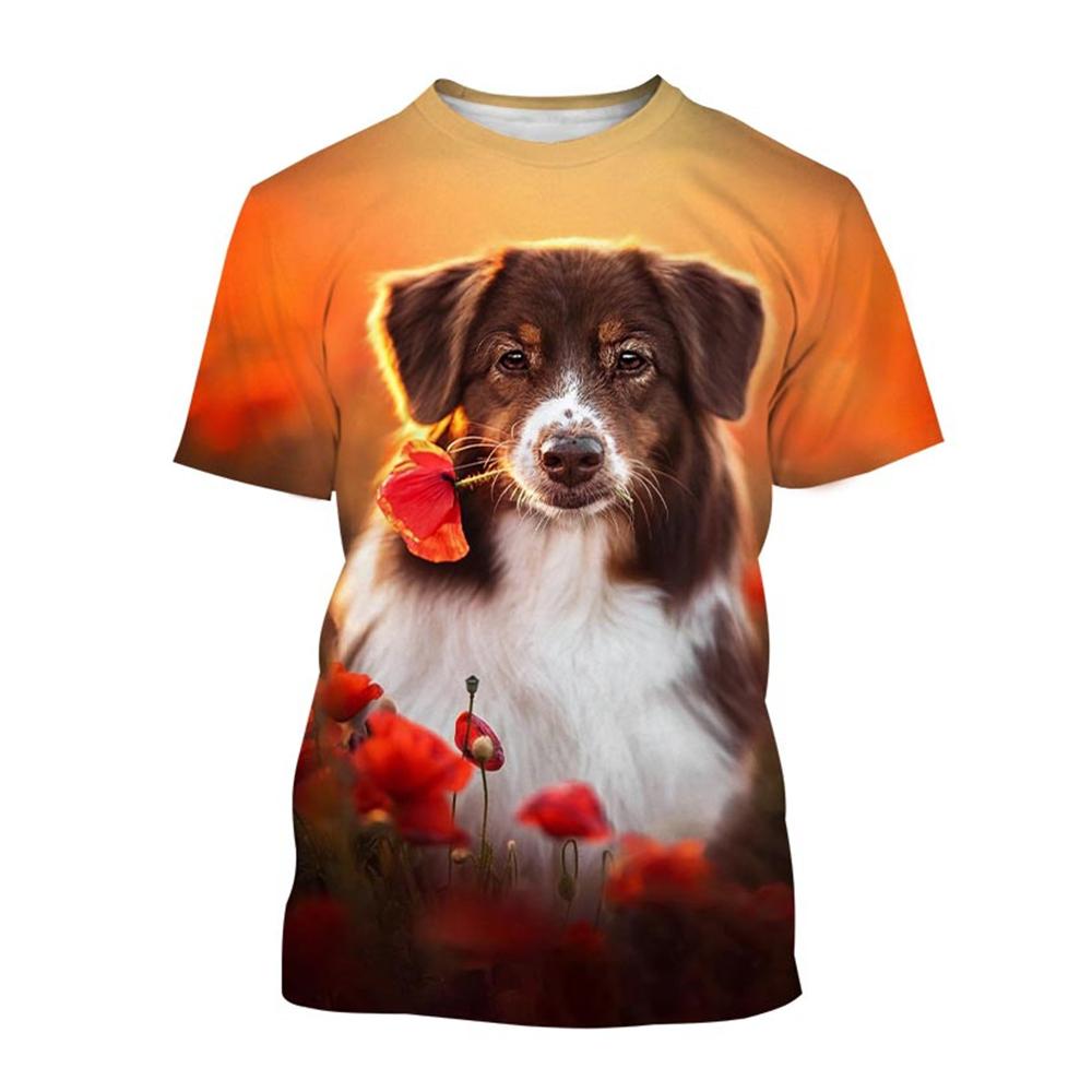 Summer Creative New Border Collie 3D Printed Fashionable Cute Dog Casual Round Neck Short Sleeve