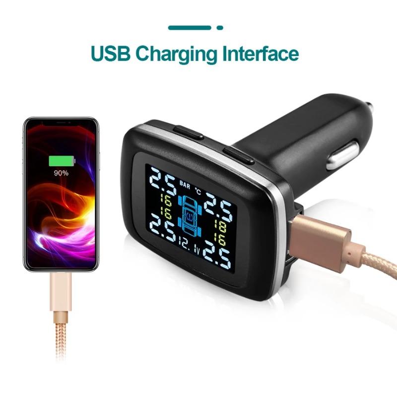 Bildekktrykkovervåkingssystem, med 4 sensorer Smart Device, Display, Temperaturalarm, Sigarettenner, USB, TPMS