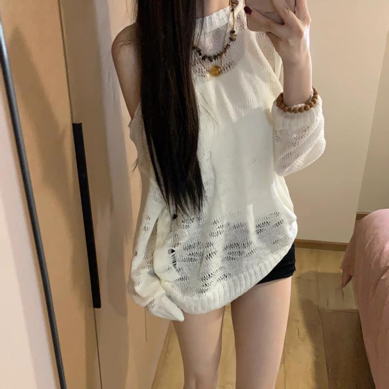 American Spicy Girl White Long Sleeved Hanging Neck Hollow Knitted Cover Shirt for Women's Spring and Summer Loose and Versatile Sun Protection Top