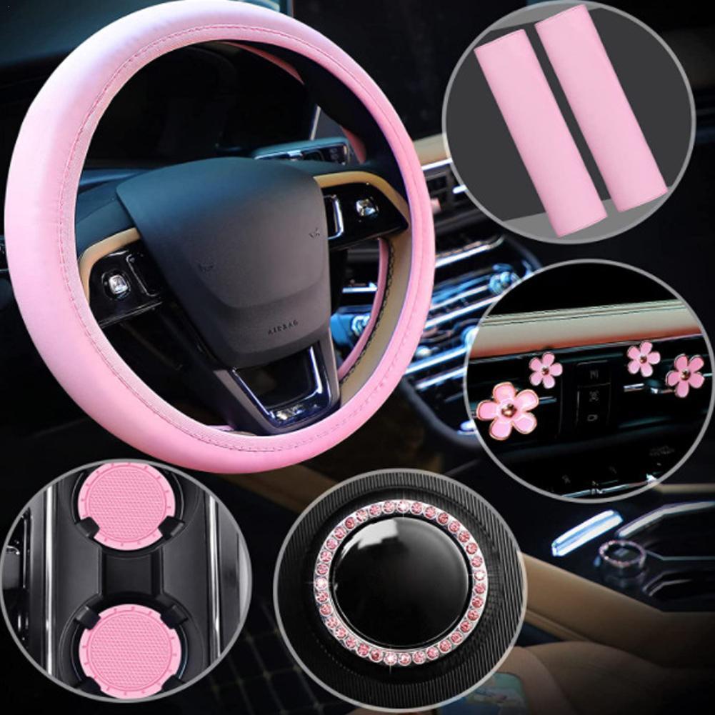 

10Pcs Leather Steering Wheel Cover For Women Cute Car Accessories Set With Seat Belt Shoulder Pads Cup Holders Car Decorations чёрный