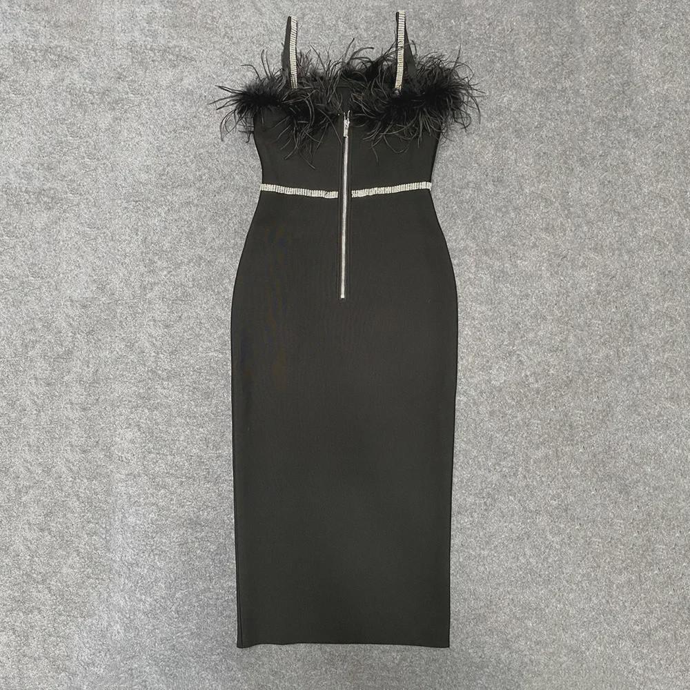 "European & American Women's Sexy Celebrity Feather Slit Bandage Midi Dress with Diamonds"