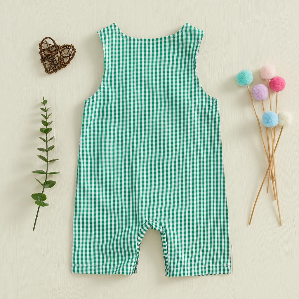 Baby Summer Rompers Soft Plaid Puppy Pattern Button Sleeveless Crew Neck Newborn Jumpsuits