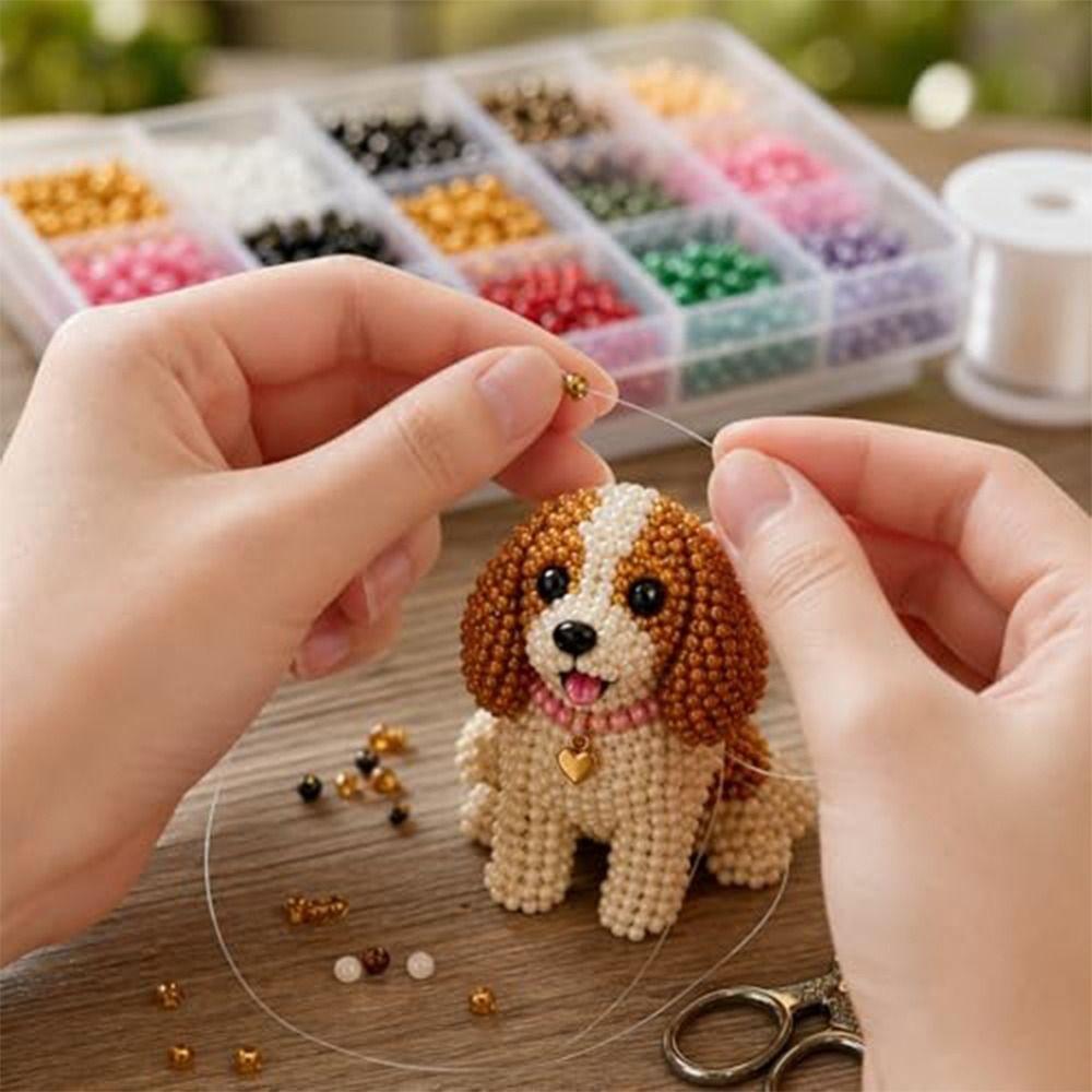 Colorful 3D Bead Pet Keychain Making Kit Tiny Beadwork Art Craft Set  For Beginners