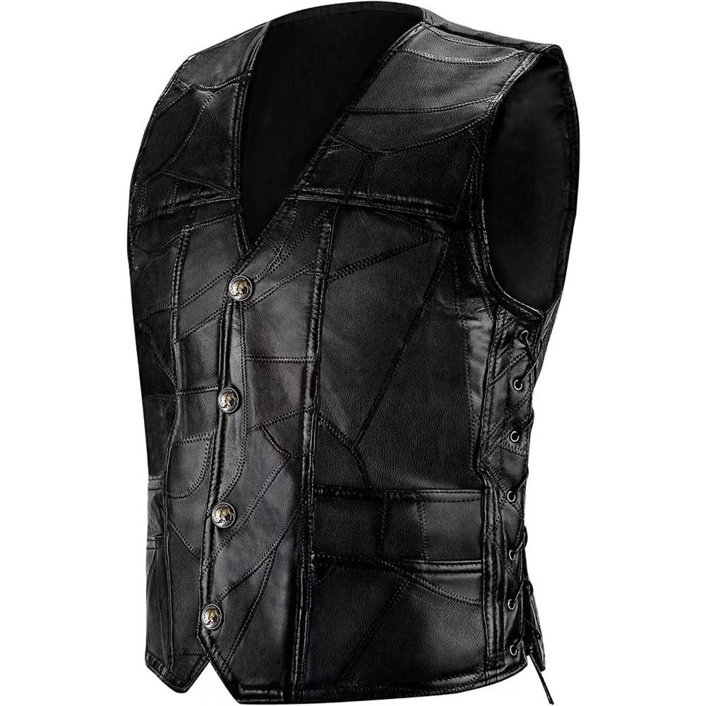 Classic locomotive leather vest, men s vest, leather vest, riding vest, brown net version leather splicing S чёрный