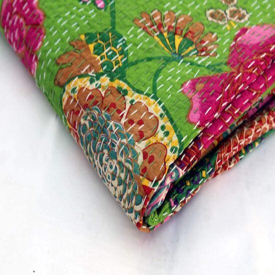Aizza Trends Handmade Pure Cotton Printed Kantha Quilt  - Traditional Look Bed Spread Kantha Gudri - Vintage Hand Stitch Gudri