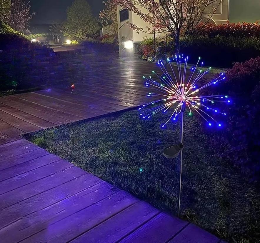 Solar Powered Ground Mounted Fireworks Light String Outdoor Waterproof Lawn Courtyard Garden Decoration Colorful Light String 60Leds