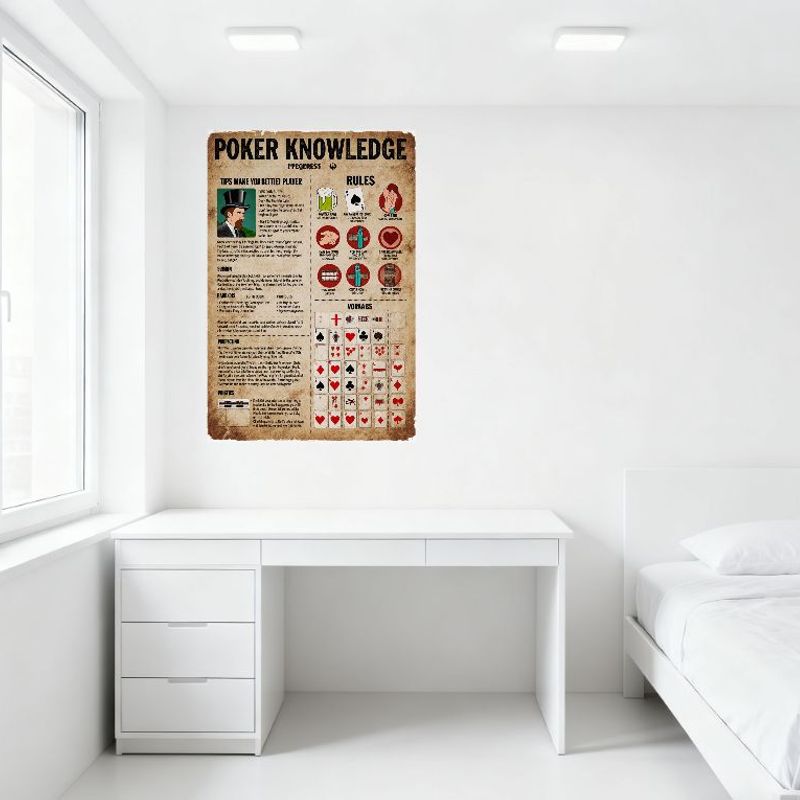 Vintage Pokerové Znalosti Infografika Kovový Plechový Značka, Tipy pro Pokrok & Pravidla (Jednání, Blufování) Nástěnná dekorace pro bar, pánský doupě, domov C