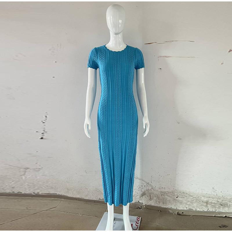 Elegante Faden Strick Solide Kleid Frauen Schlank O-Ausschnitt Kurzarm Hüfte Paket Weibliche Lange Kleider Sommer Dame Chic Robe