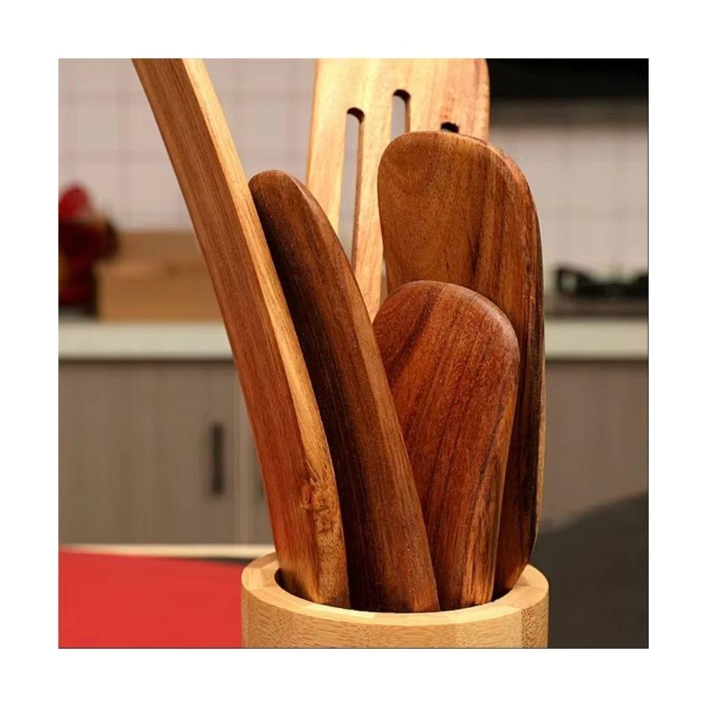 Teak Wood Wooden Spatula Heat Resistant Slotted Design Steak Shovel Long Handle Hanging Hole Wooden Ladle Skimmer Wok Cooking