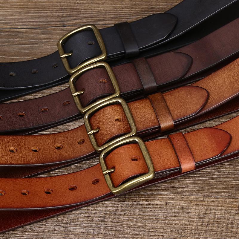 Personalized Leather Pin Buckle Pure Copper Men'S Belt, Male Trendy Young People Pure Cowhide Retro Belt