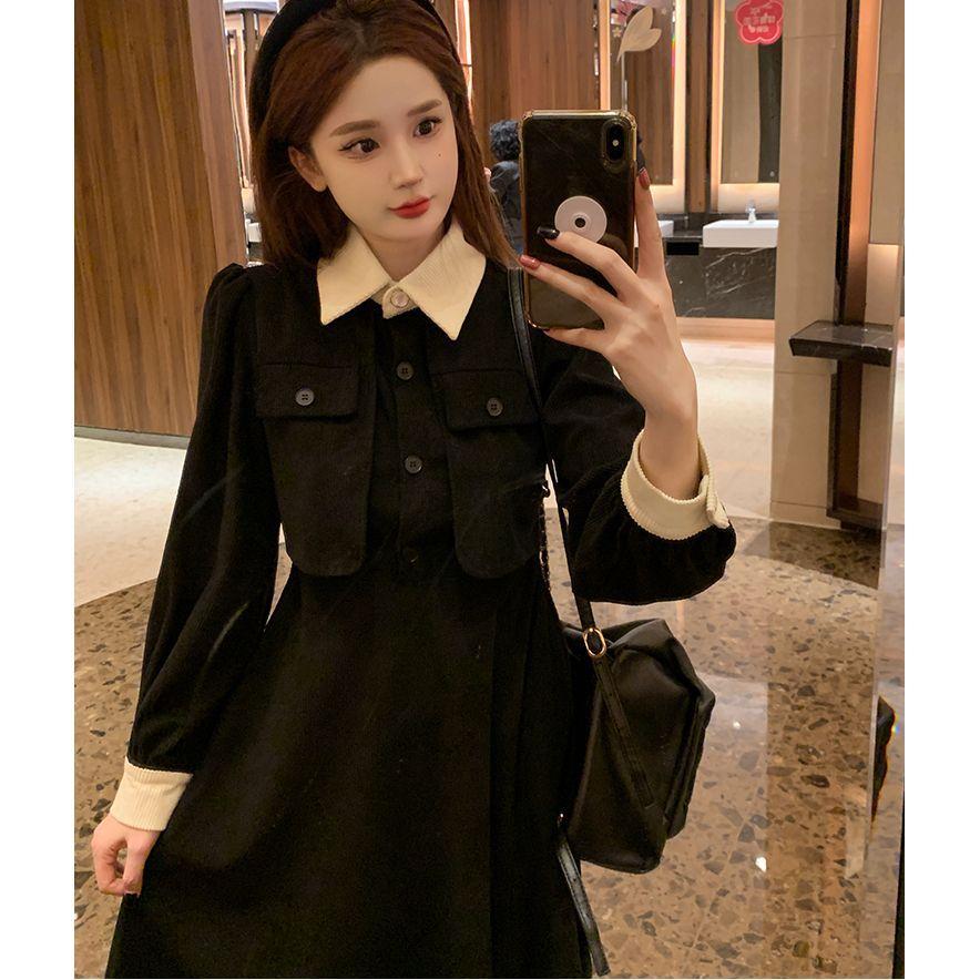 Early autumn skirt, new black French dress, women's spring and autumn dress, fake two-piece waist dress