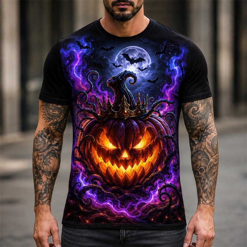 3D Print Halloween Scary Pumpkin Pattern T-shirt For Men Purple Ghost At Night Novel Round Neck T Shirts Festival Gift OOTD 2026