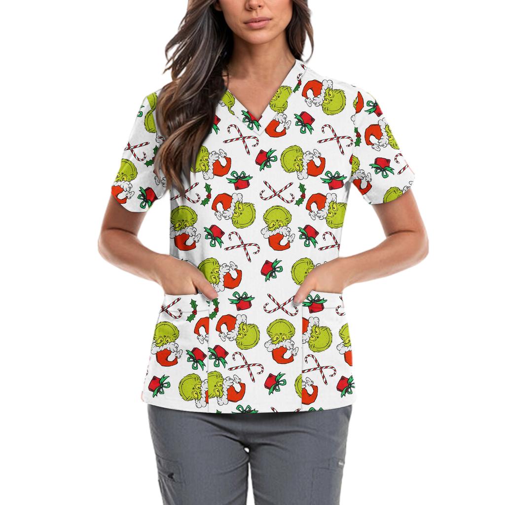 Women's Cute Bow Printed Work Clothes V-neck Double Layer Pockets Basic Short Sleeve Top Pullover