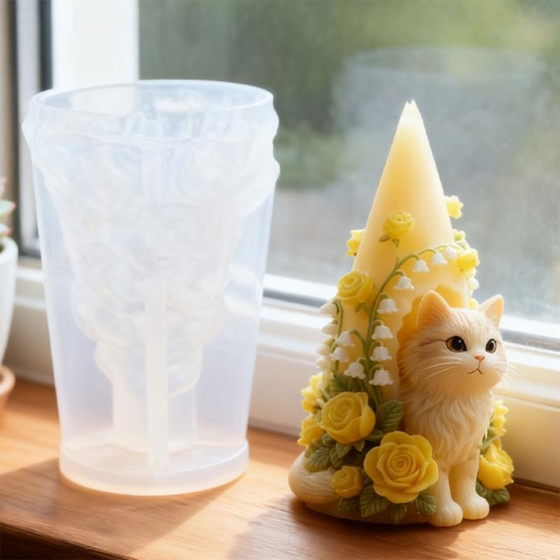 Food Grade Silicone Candle Mould in Realistic Cats and Flower House Designs Easy Demoulding