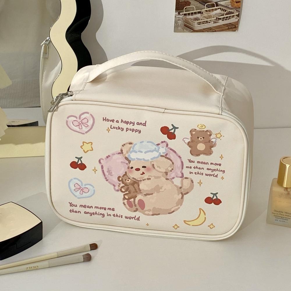 Portable Cartoon Print Sorting Cosmetic Bag Large Capacity with Handle Makeup Bag Square PU Travel Toiletry Bag