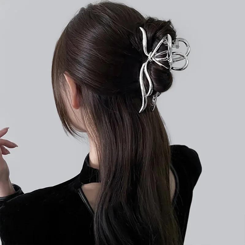 Large Bowknot Womens Hair Claw Clip for Thick Thin Hair Accessories Trendy Elegant Gold Silver Metal Streamer Crab Clamp Jewelry